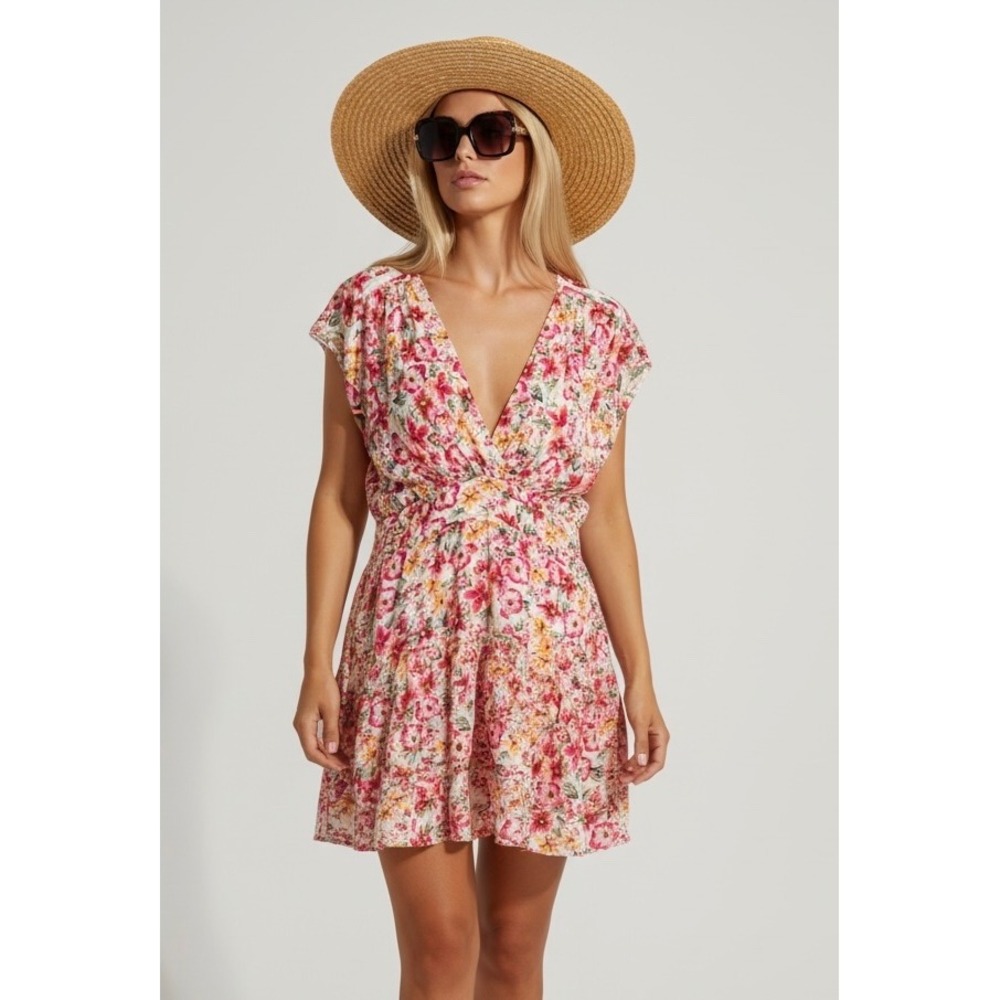 CUPSHE Pink Floral Large‎ Smocked Tiered Mini Dress Summer Boho Beach